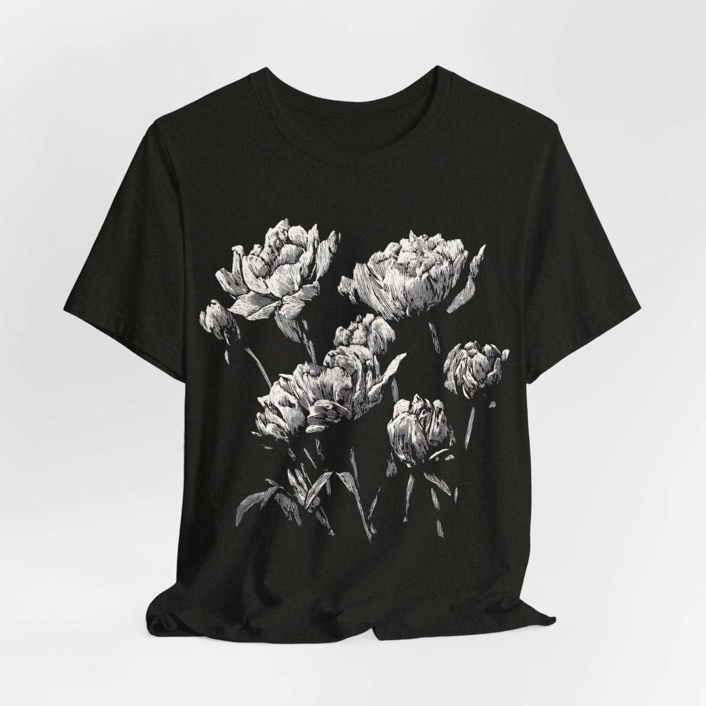 Vintage Linocut Peony Flowers Tee – Black & White Botanical Print