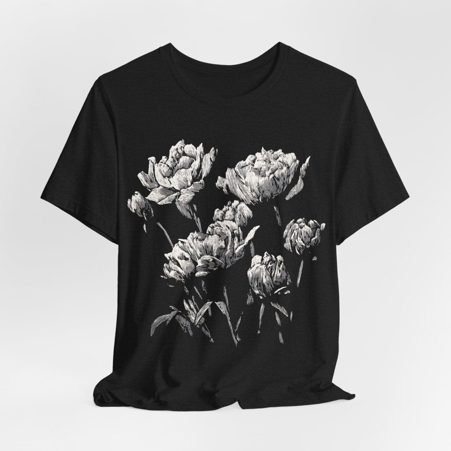 Vintage Linocut Peony Flowers Tee – Black & White Botanical Print