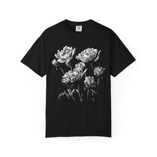 Vintage Linocut Peony Flowers Tee – Black & White Botanical Print