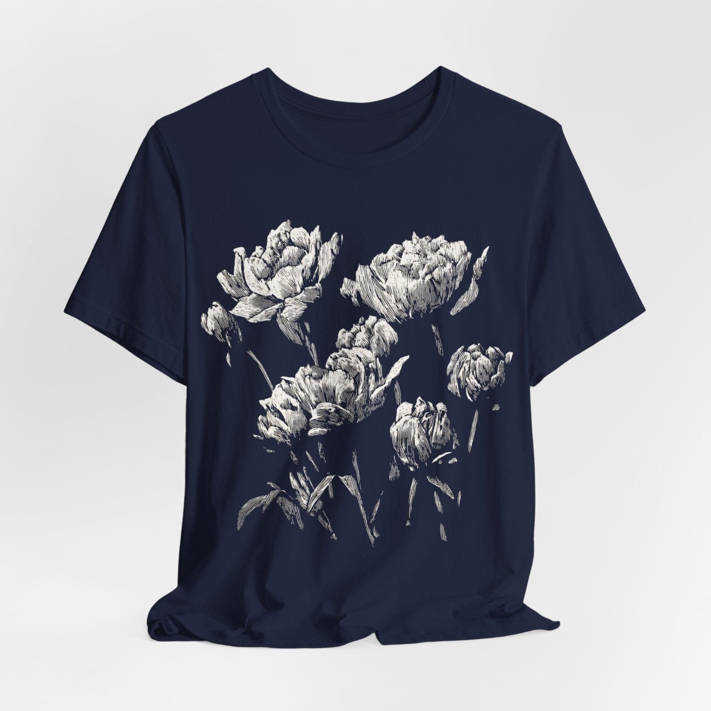 Vintage Linocut Peony Flowers Tee – Black & White Botanical Print
