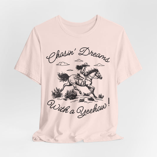 Chasin’ Dreams With a Yeehaw Tee – Retro Cowgirl Line Art Shirt