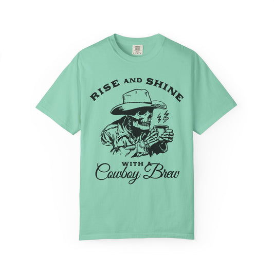Cowboy Brew Skeleton Coffee Tee – Rise & Shine Western Goth Shirt