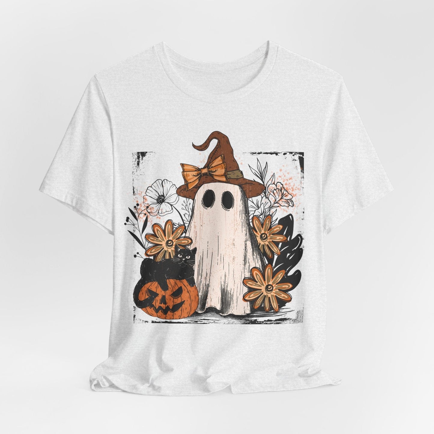 Floral Ghost & Black Cat – Cute Halloween Shirt